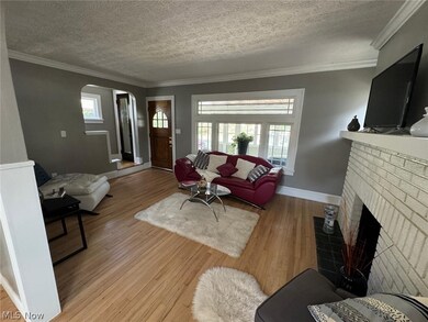 Living room featuring a textured ceiling, light hardwood / wood-style flooring, a fireplace, and crown molding