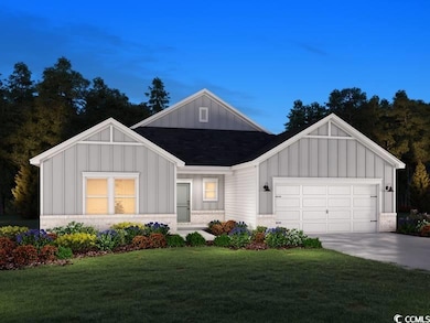 Modern farmhouse featuring board and batten siding, a front yard, a garage, concrete driveway, and brick siding