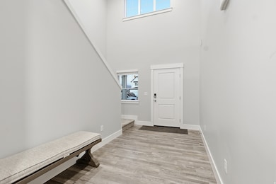 Entrance foyer with light wood-style flooring, a towering ceiling, and stairway
