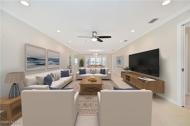 Large open concept living area.  Plank tile.  Crow