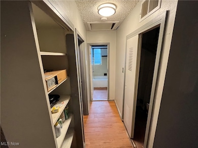 Corridor featuring a textured ceiling, light wood-type flooring, and attic access
