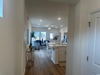 Hallway with dark hardwood / wood-style flooring a