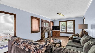 Living room with ornamental molding, a stone firep