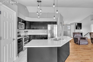 Kitchen with vaulted ceiling, dark cabinetry, a si