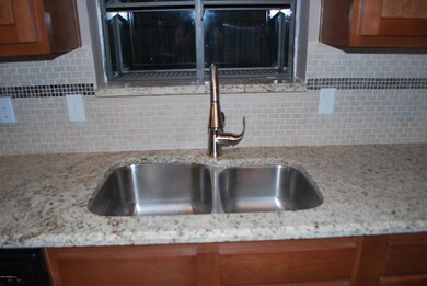 Granite countertops with stainless sink.