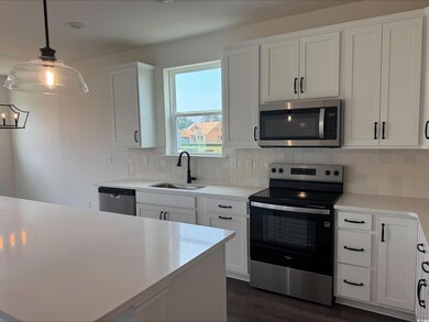 Kitchen featuring appliances with stainless steel finishes, a sink, light countertops, and dark wood-style flooring