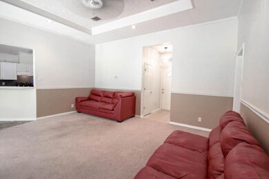 Large living open to kitchen and dining.