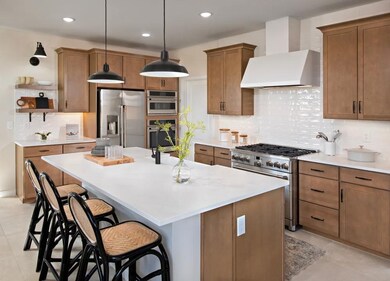 Kitchen with floating shelves and subway tile backsplash