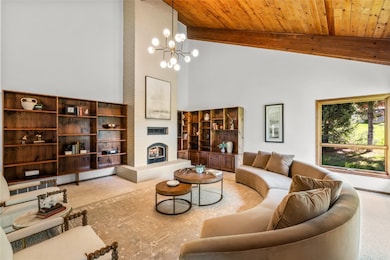 Carpeted living room featuring high vaulted ceilin