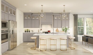 Kitchen with stacked glass-front upper cabinets