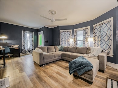 Living room featuring light hardwood flooring and ceiling fan