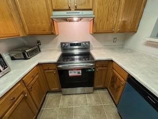 Kitchen with electric stove, dishwashing machine, under cabinet range hood, and brown cabinetry