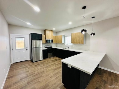 Kitchen with stainless steel appliances, a peninsula, a sink, dark cabinets, and recessed lighting