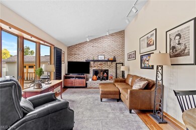 Living room with light hardwood / wood-style floors, a textured ceiling, vaulted ceiling, track lighting, and a fireplace