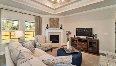 Living room with ornamental molding, a tiled fireplace, and a raised ceiling