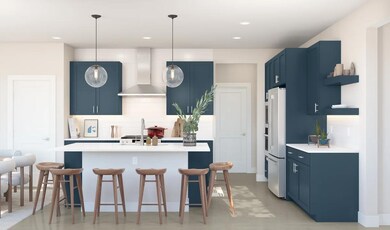 Kitchen with pendant lighting and floating shelves
