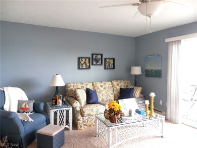 Living room featuring carpet flooring and ceiling fan