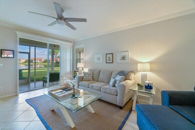 Florida casual living. Tile set on the diagonal. Plantation sliders at doors to patio.