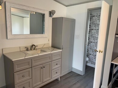 Bathroom with wood finished floors, toilet, vanity, and baseboards