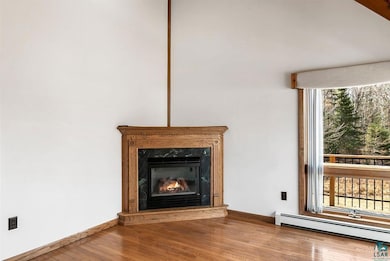 Room details featuring a fireplace, baseboard heat
