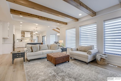 Custom blinds. beams, built in cabinets