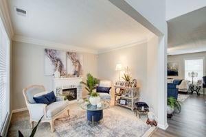 Living area featuring a fireplace, ornamental mold