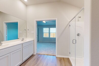 Owner's bathroom featuring LVP flooring, double-bo