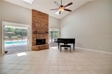 Living room with vaulted ceilings.
