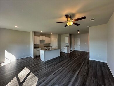 Kitchen with visible vents, a ceiling fan, dark wood-style floors, open floor plan, and white cabinetry
