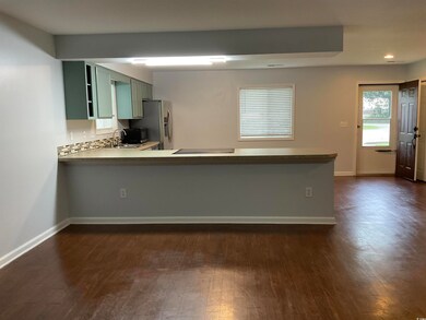 Kitchen with dark wood finished floors, green cabinets, a peninsula, recessed lighting, and light countertops