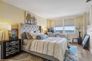 Bedroom with wood finished floors, ornamental molding, and a wall mounted air conditioner