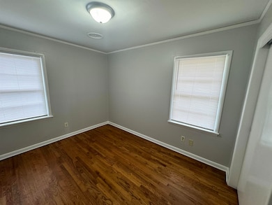 Spare room featuring ornamental molding and dark wood-type flooring
