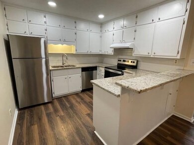 Kitchen featuring appliances with stainless steel finishes, dark wood-style floors, under cabinet range hood, a peninsula, and decorative backsplash