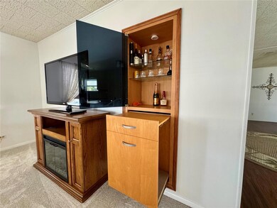 Built-in dry bar in the living room with pull-out shelf.