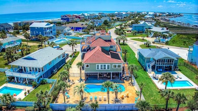 Aerial view of residential area with a pool