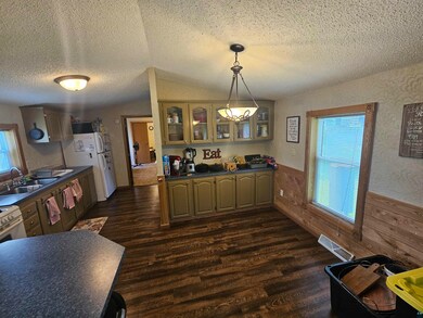 Kitchen featuring dark wood-type flooring, decorat