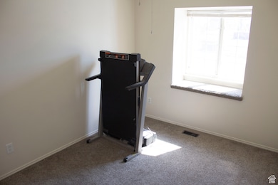 Workout area with visible vents, baseboards, and carpet flooring