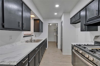 Kitchen with stainless steel gas range, a sink, l