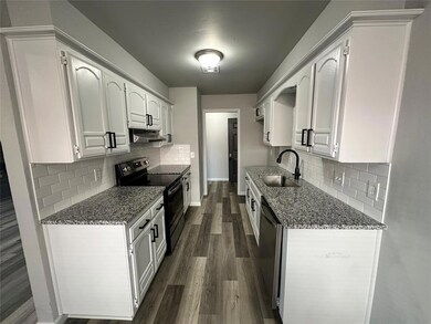 Kitchen featuring black electric range oven, a sink, stainless steel dishwasher, dark wood-style floors, and dark stone counters