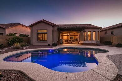 Exterior rear elevation at twilight