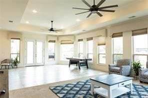 Living room featuring crown molding, recessed ligh