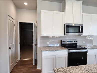 Kitchen with dark wood-style floors, white cabinet