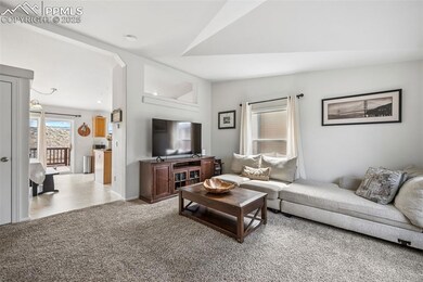 Living room with vaulted ceiling and light colored carpet