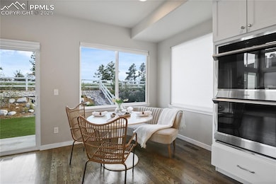 Dining area featuring dark wood-style floors, baseboards, and healthy amount of natural light