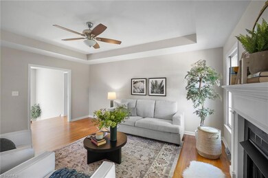 living room with tray ceiling