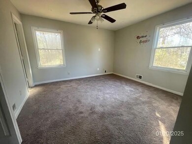 Empty room featuring healthy amount of natural light, ceiling fan, and carpet flooring