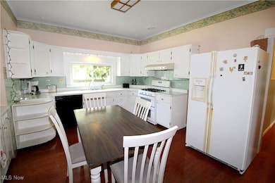 Kitchen featuring white appliances, dark wood-style flooring, under cabinet range hood, and decorative backsplash