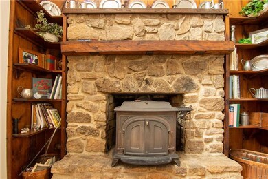 Another angle of the stone fireplace with built-in