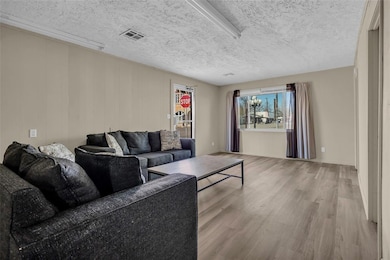 Living room featuring visible vents, a textured ce