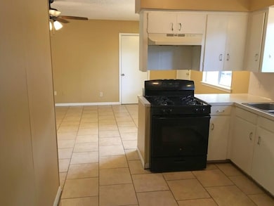 Kitchen with black gas stove, under cabinet range